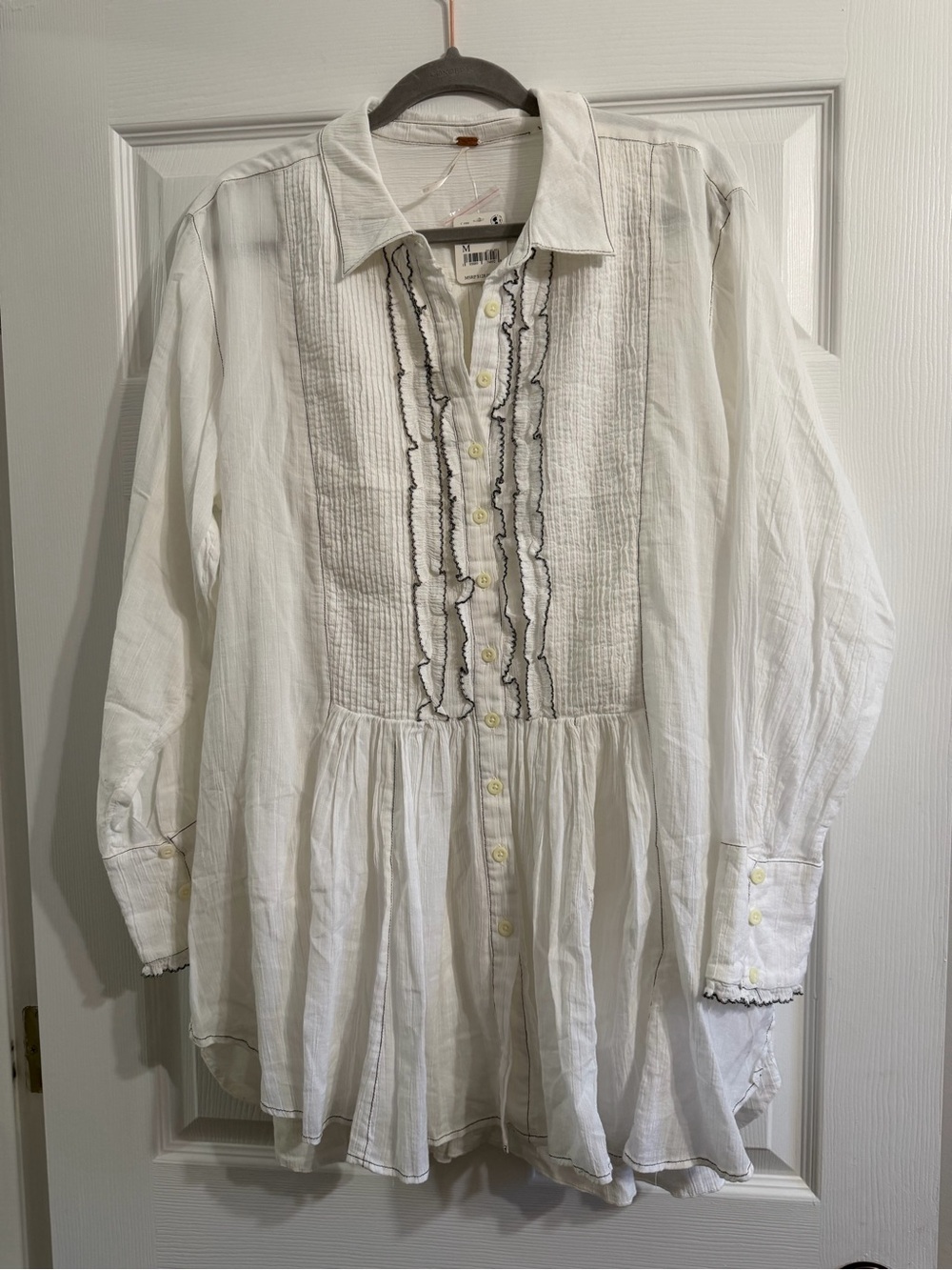 Free People White Ruffled Pintuck Button-Front Tunic with Contrast Trim